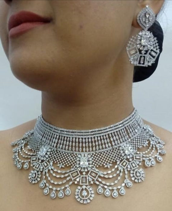 Cute silver CZ choker necklaces  American Diamond Indian Choker earri –  Indian Designs