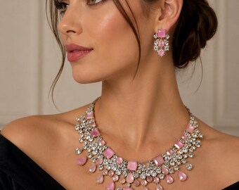 Antique Bridal CZ American Diamond Necklace Set, Indian Wedding Jewelry