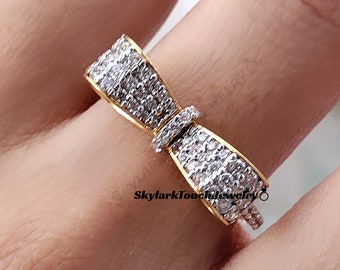 Ribbon bow Ring Band Promise Ring Round Pave Diamond 14K Yellow Gold Plated Silver Bow Ring Ribbon New Design Trendy Thumb Ring Gift