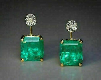 Emerald Earrings,Emerald Green Wedding Earrings,Diamond Stud Earring,14K Yellow Gold Over Unique Gift for Her, May Birthstone