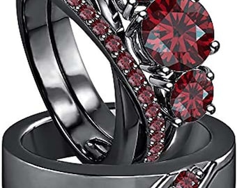 Conjunto de anillos de compromiso de boda con trío de anillos de pareja a juego, conjunto de anillos de trío chapados en oro negro de 14 quilates con granate rojo de corte redondo de plata de ley 925