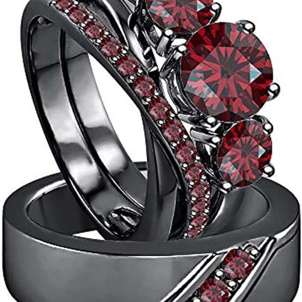 Trio Matching Couple Rings Wedding Engagement Ring Band Set,925 Sterling Silver Round Cut Red Garnet 14K Black Gold Plated trio ring set