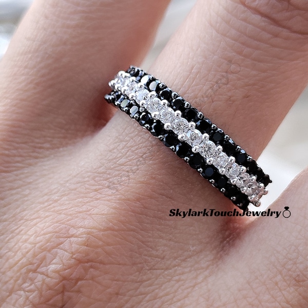 14K Solid White Gold Black And White Diamond Ring For Women / Diamond stacklable Ring / Diamond Wedding Band/Half Eternity Wedding Bands