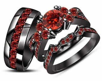 Conjunto de tres anillos de granate rojo de corte redondo para él y para ella, chapado en oro negro, plata de ley 925, anillo de boda para damas y hombres, chapado en oro