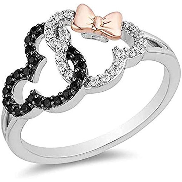 Treasure Mickey & Minnie Mouse Ring 0.25Ct Black And White Diamond Engagement Ring in 925 Sterling Silver, Mother's day Gift For Her
