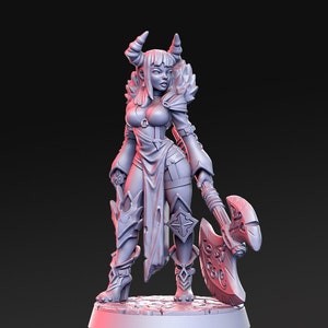 Female Tiefling Axe Warrior DnD Miniature | DnD Tabletop RPG Mini | D&D Figurines | Fantasy Gaming and Pathfinder | RN Estudio