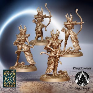 May include: Four golden painted miniature figurines of female elves with bows and arrows. The elves are wearing armor and have leafy details. The figurines are on circular bases with a mushroom design.