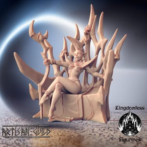 May include: A beige figurine of a seated fantasy figure on an ornate throne. The figure has pointed ears and is holding a bow. The throne has a spiky back and is labeled "Kingdomless Figurines". The Artisan Guild logo is visible.