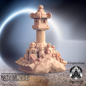 May include: A 3D printed miniature of a stone lantern with a base made of stacked rocks and small, round figures. The lantern has a square top with a small opening and a rounded roof. The miniature is painted in a light brown color.