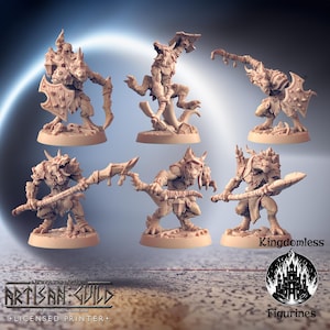 May include: Set of six unpainted miniature figurines of lizard-like creatures with weapons and shields. The figurines are made of a light brown plastic and are ready to be painted.