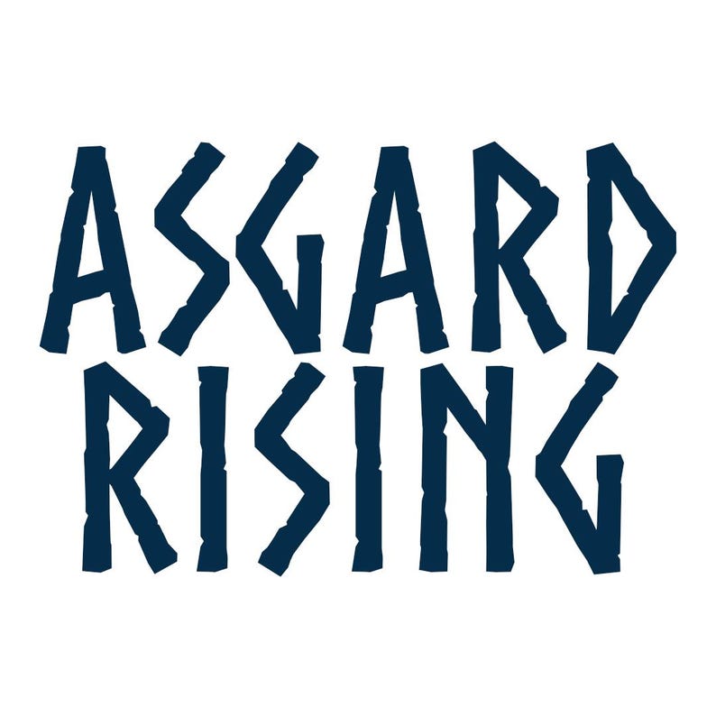 Pode incluir: Um design gr&aacute;fico azul escuro com o texto "Asgard Rising" em uma fonte estilizada.