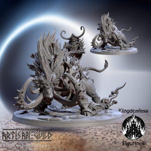 May include: A detailed gray figurine of a warrior riding a beast with large tusks and spiky armor. The figurine is on a circular base. The text "Kingdomless" and "Figurines" are visible. The Artisan Guild logo is also present.