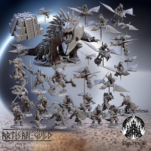 May include: A collection of gray figurines, including a large dragon, warriors, and flying creatures. The figurines are arranged on a surface, with the Artisan Guild logo and the word "Figurines" visible.