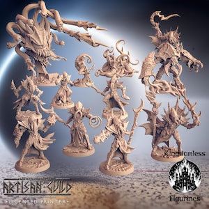 May include: A set of nine unpainted miniature figurines depicting various fantasy creatures, including a tentacled monster, a winged demon, and several humanoid figures. The miniatures are made of a light gray plastic and are ready to be painted.