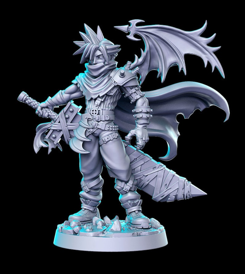 Puede incluir: Una figura en miniatura de pl&aacute;stico gris impresa en 3D que representa a un personaje de fantas&iacute;a con el pelo de punta, una capa y una espada grande. El personaje lleva armadura y tiene un ala demon&iacute;aca en la espalda.