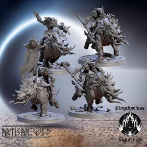 May include: A collection of gray figurines depicting armored warriors riding spiky boars. The figurines are on circular bases and feature detailed armor and weaponry. The image includes the text "Kingdomless" and the Artisan Guild logo.