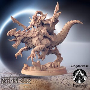 May include: A detailed miniature figurine of a green-skinned elf riding a reptilian creature. The elf is holding a sword and wearing armor. The creature has sharp teeth and claws. The figurine is painted in a light brown color and is set on a circular base.