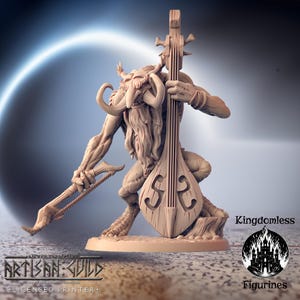 May include: A 3D printed miniature of a goblin playing a large stringed instrument. The goblin is holding a spear in its other hand. The miniature is painted in a light brown color. The miniature is part of a set of Kingdomless Figurines.