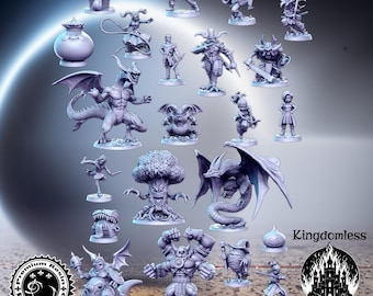 May include: A collection of light gray resin fantasy miniatures featuring various creatures, warriors, and monsters. The set includes dragons, a tree monster, humanoid fighters, and small slime figures. Text reads Kingdomless Figurines.