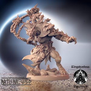 May include: A detailed, unpainted miniature figurine of a monstrous creature with a wolf-like head, sharp claws, and a chain weapon. The figure is posed in a dynamic stance, ready for battle. The miniature is designed for tabletop gaming and role-playing.