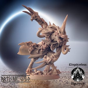 May include: A detailed, 3D printed miniature of a monstrous, wolf-like creature with sharp claws, horns, and a snarling expression. The miniature is painted in a light brown color and is set on a base with skulls and bones. The miniature is labeled "Kingdomless Figurines".