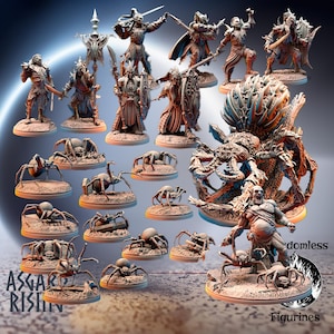 Może przedstawiać: Zestaw 15 figurek, w tym duży pająk, grupa wojowników i stworzenie z dużą, mięsistą głową. Figurki są pomalowane w różnych odcieniach szarości i brązu i umieszczone na ciemnym tle.