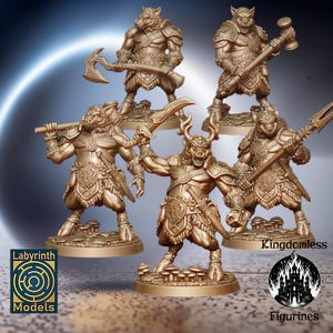 May include: A collection of gold-colored fantasy figurines depicting anthropomorphic animal warriors. Each figure is posed with a weapon, such as an axe, hammer, or spear. The figurines are on individual bases, and the image includes the text "Labyrinth Models" and "Kingdomless Figurines."