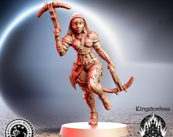 May include: A detailed miniature figurine of a female character wearing armor and holding a crossbow. The figurine is painted in a gold color and is standing on a round base. The figurine is part of a set of miniatures for tabletop role-playing games.