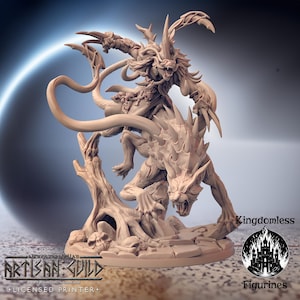 May include: A detailed, 3D printed miniature of a creature with a spiky, wolf-like head and a humanoid figure riding on its back. The creature is standing on a base with a tree stump and skulls. The miniature is painted in a light brown color. Kingdomless Figurines.