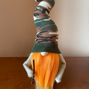 Camo Hat Hunting Gnome with Shotgun, Orange Beard