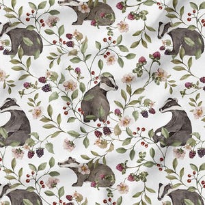 May include: White fabric with a repeating pattern of watercolor badgers, flowers, and berries. The badgers are gray and brown, surrounded by green leaves, pink flowers, and purple berries. A whimsical, nature-themed design.