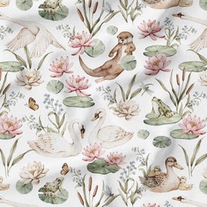May include: A watercolour pattern with swans, ducks, otters, frogs, butterflies, and lily pads. The design includes pink lotus flowers, cattails, and delicate blue flowers on a white background. A whimsical, nature-themed design.