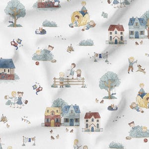May include: Watercolor fabric with a repeating pattern of children playing in a village. The design includes houses, trees, hay bales, and children with a light blue, red, and yellow color palette.