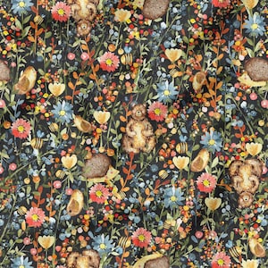 May include: A dark blue fabric with a repeating pattern of colorful flowers, bees, hedgehogs, and bears. The pattern is whimsical and charming.