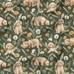 May include: A seamless pattern featuring golden retriever puppies playing in a field of white and yellow dandelions. The background is a dark green color.