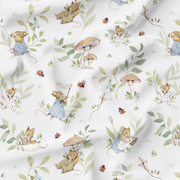 Tissu PUL recyclé, tissu de couche en tissu, motif de souris. Animaux mignons, pépinière, motif exclusif. Fabriqué en Pologne.