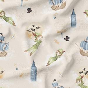 May include: A whimsical fabric pattern featuring watercolor illustrations of Peter Pan, ships, Big Ben, and other iconic elements from the story. The design includes Peter Pan in flight, ships with blue sails, and a soft, cream-colored background.