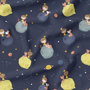 May include: A seamless pattern featuring a repeated design of a little prince with a fox on a planet against a dark blue background with stars.