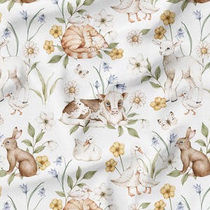 May include: Watercolor pattern featuring farm animals and flowers. The design includes lambs, cats, rabbits, ducks, and a calf, surrounded by daisies, bluebells, and butterflies. The color palette is soft, with white, yellow, brown, and green hues.