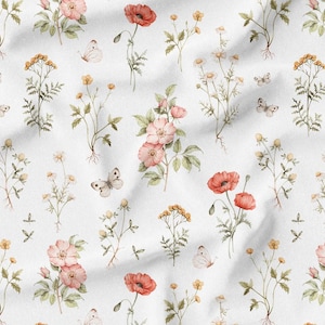 May include: White fabric with a repeating pattern of watercolor flowers and butterflies. The design features red poppies, pink roses, yellow wildflowers, and delicate butterflies, creating a soft, floral aesthetic.