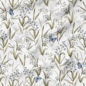 May include: A repeating pattern of watercolor-style botanical elements. The design features light blue butterflies, delicate blue flowers, and olive-green leaves and stems against a white background. The overall effect is soft and natural.