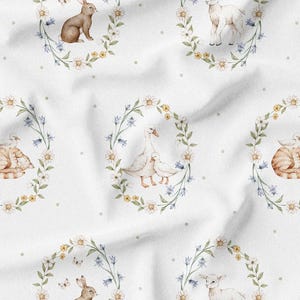 May include: White fabric with a repeating pattern of watercolor illustrations. The pattern includes rabbits, lambs, geese, and cats, each within a floral wreath. The background has small, scattered gray dots.