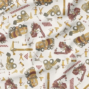 May include: Watercolor pattern featuring construction vehicles, workers, and tools in shades of yellow, brown, and red on a white background. The design includes trucks, cranes, and brickwork, creating a playful construction theme.