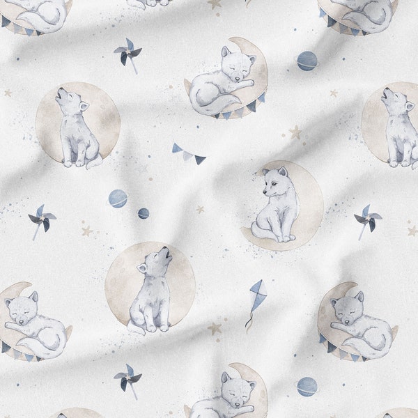 Wolves Premium Cotton Fabric, Retro Animal Modern Nursery, Premium Digital Print Cotton, 50 cm