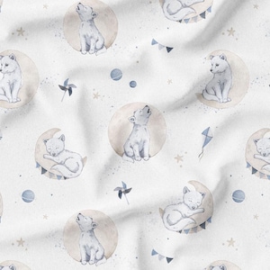 May include: White fabric with a repeating pattern of watercolor-style wolves on moons, kites, pinwheels, and stars. The wolves are in various poses, including howling, sitting, and sleeping. The color palette includes shades of gray, blue, and beige.