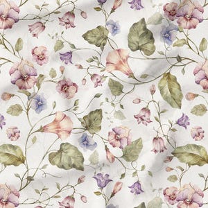 May include: Watercolor floral pattern featuring pink, purple, and blue flowers with green leaves on a white background. The design includes trumpet-shaped blooms and delicate vines, creating a vintage aesthetic.