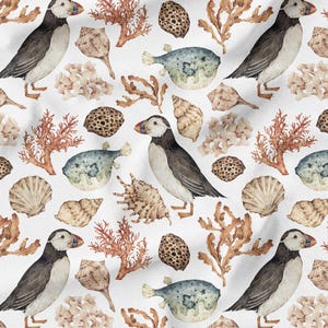 May include: A seamless pattern featuring watercolor illustrations of puffins, seashells, pufferfish, and seaweed on a white background.