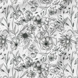 Softshell fabric, delicate elegant Mono flowers nursery flower pattern for children and adults