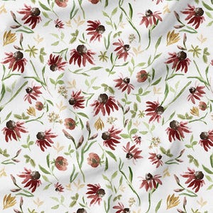May include: White fabric with a watercolor floral pattern. The design features burgundy coneflowers, green leaves, and small yellow and brown accents. The flowers are scattered across the fabric.