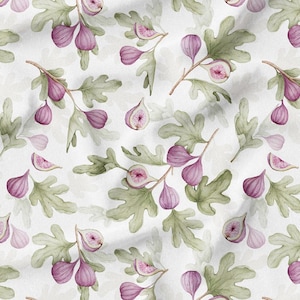 May include: A watercolour pattern of fig branches with ripe purple figs and green leaves. The design includes whole figs, fig slices, and detailed foliage, set against a white background. The overall theme is botanical and natural.